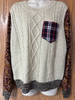 Gimmicks Cream Cable Knit Sweater with Patterned Sleeves and Plaid Pocket